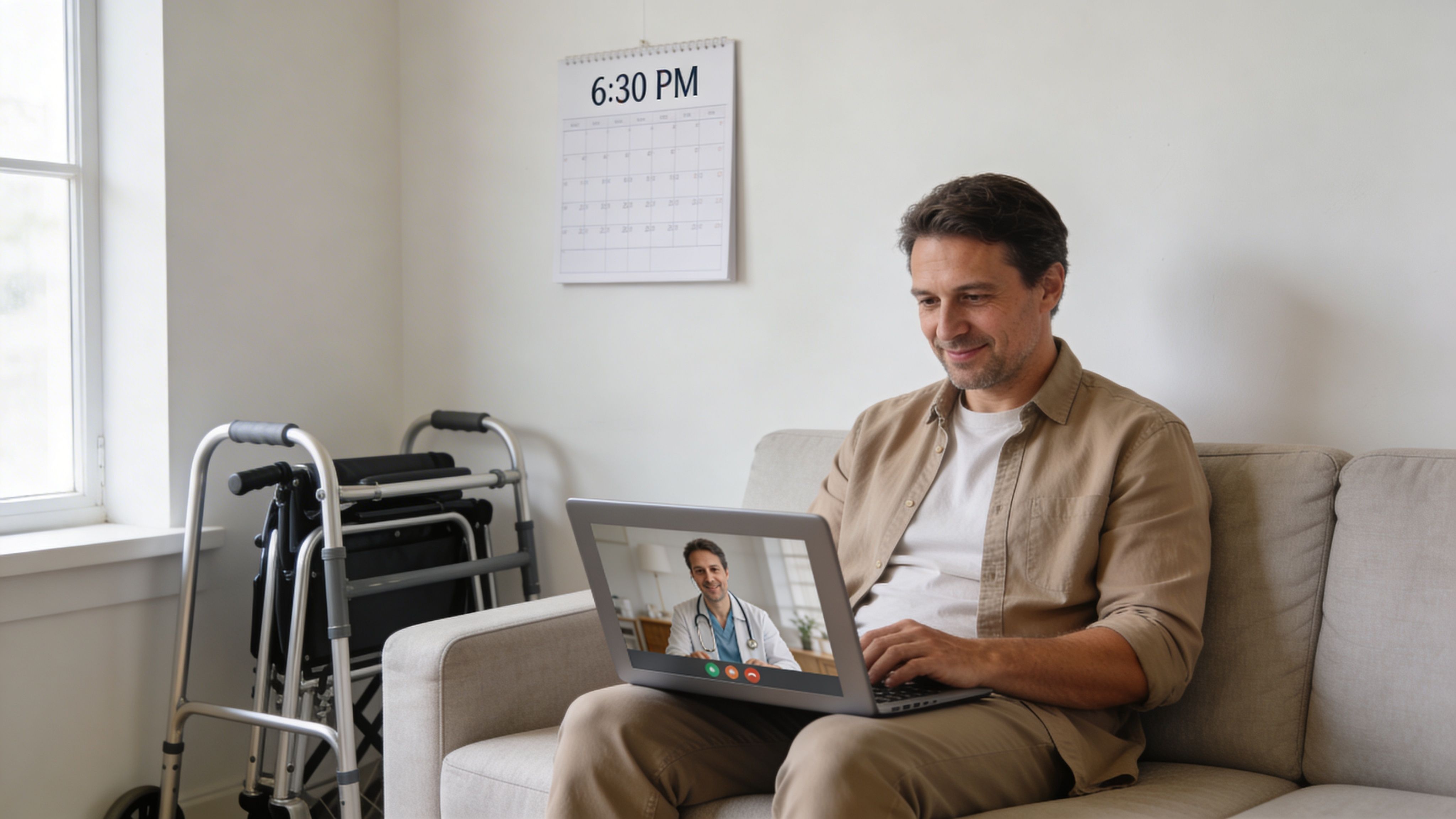 A middle-aged man sitting on a sofa while having a video consultation with his doctor on a laptop.