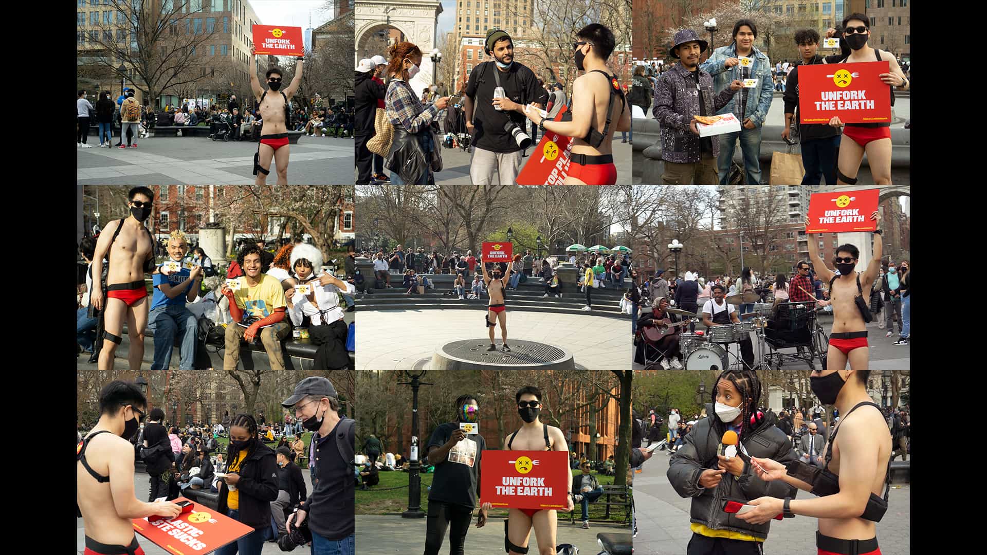 A collage of nine photos shows people holding signs reading “UNITE TOWARDS THE UNKNOWN” and “UNITE TOWARDS THE UNKNOWN” in various locations. The signs feature a yellow sun symbol. Some photos show people wearing red briefs or bikinis, while others show individuals in casual clothing. The photos are taken outdoors in parks and city settings.