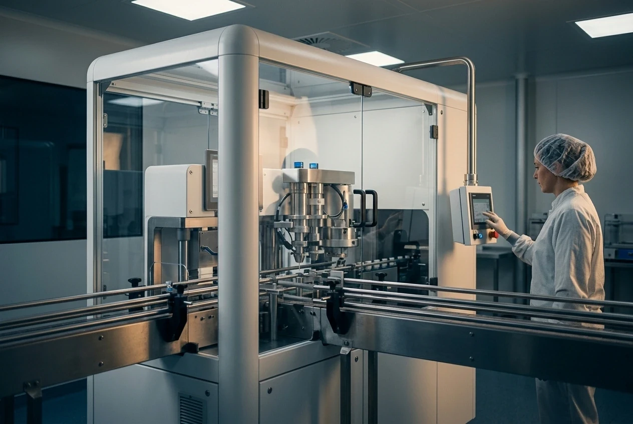Technician in protective gear operating a pharmaceutical machine in a cleanroom