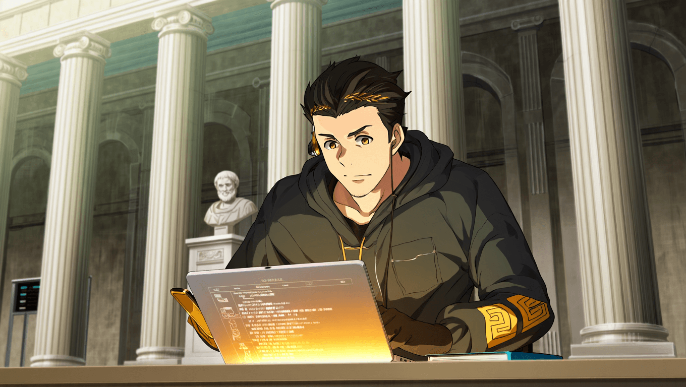 A happy, confident student smiling while studying on a laptop