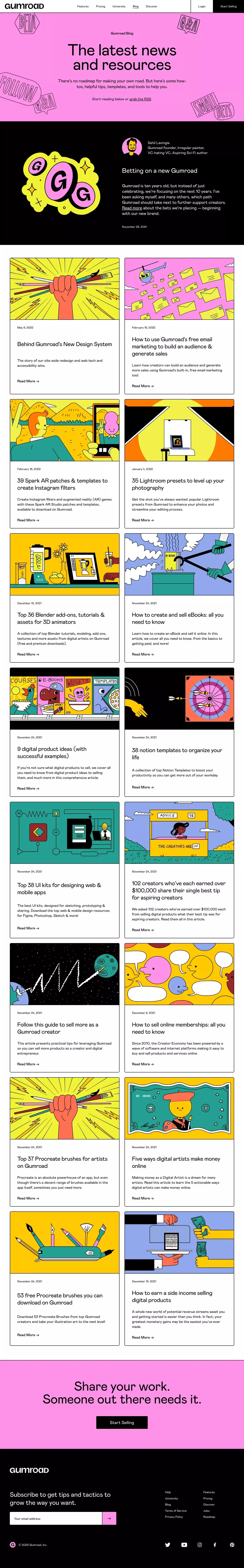 Gumroad Blog – Tactics and tools to grow blog page screenshot showcasing Design and Tech design