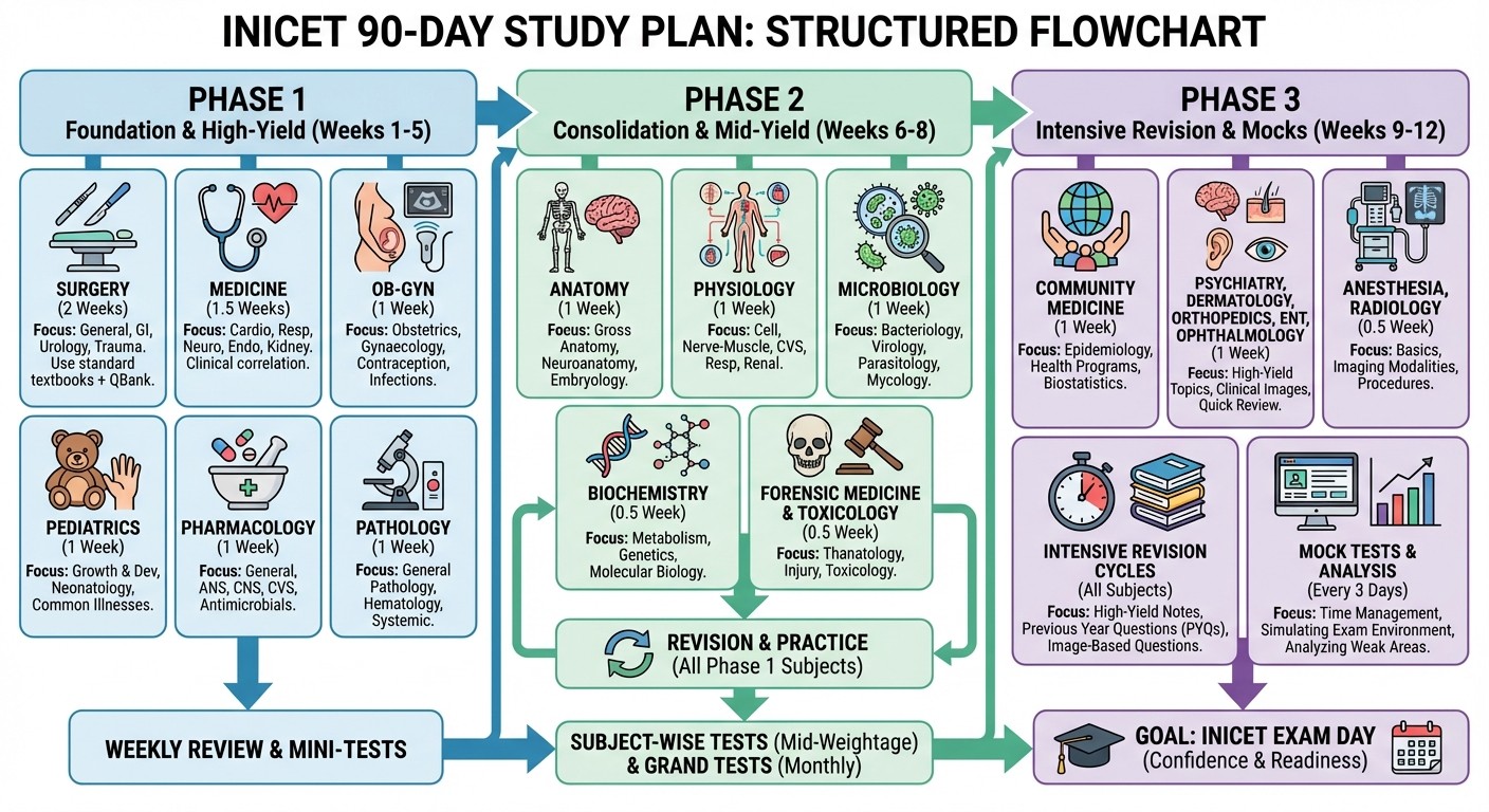 INICET 90-day study plan phase breakdown showing subject distribution