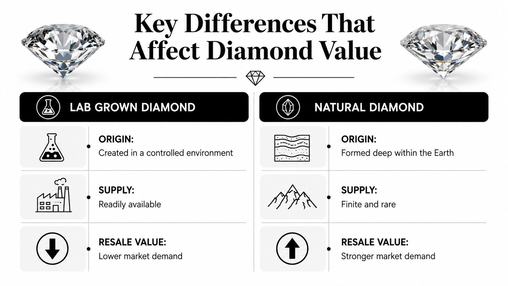 A comparison chart outlining the key differences between lab-grown and natural diamonds regarding origin, supply, and resale value.