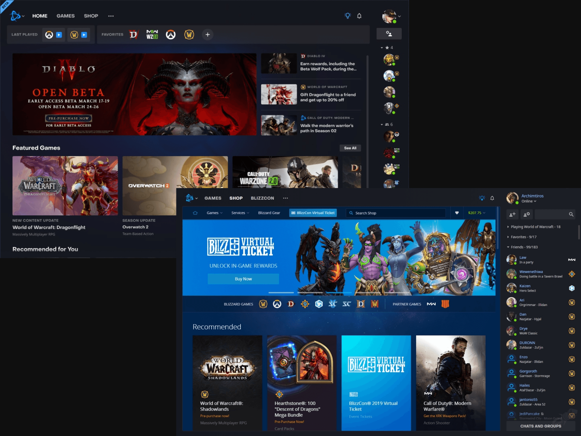 Visuals of the Battle.net Desktop App Beta and BlizzCon embedded screen in 2019