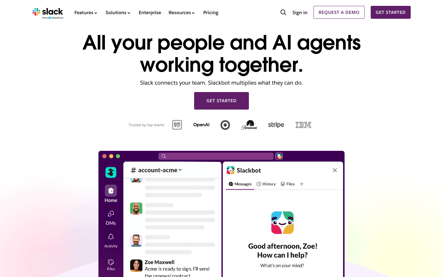 Slack team communication app homepage