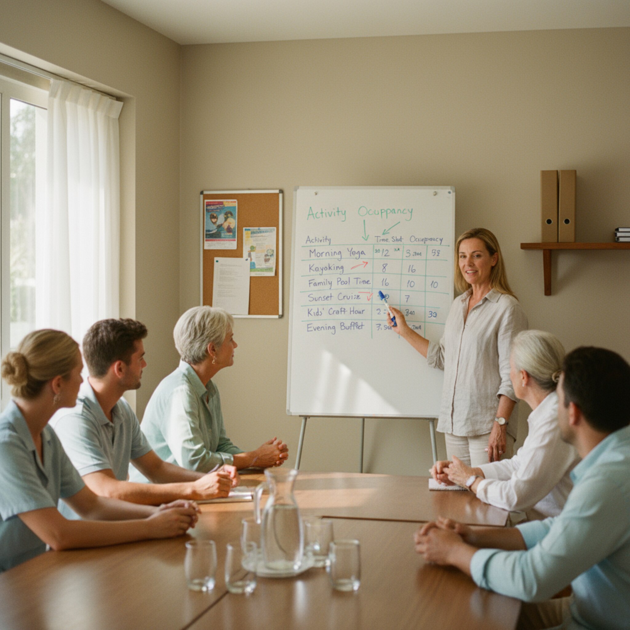In einem hellen Backoffice erklärt die Resortleitung am Whiteboard die Tagesauslastung nach Aktivitäten. Notizen zu Gruppen und Zeiten sind klar strukturiert. Das Team hört aufmerksam zu, die Atmosphäre ist fokussiert und ruhig, ohne digitale Geräte im Bild.