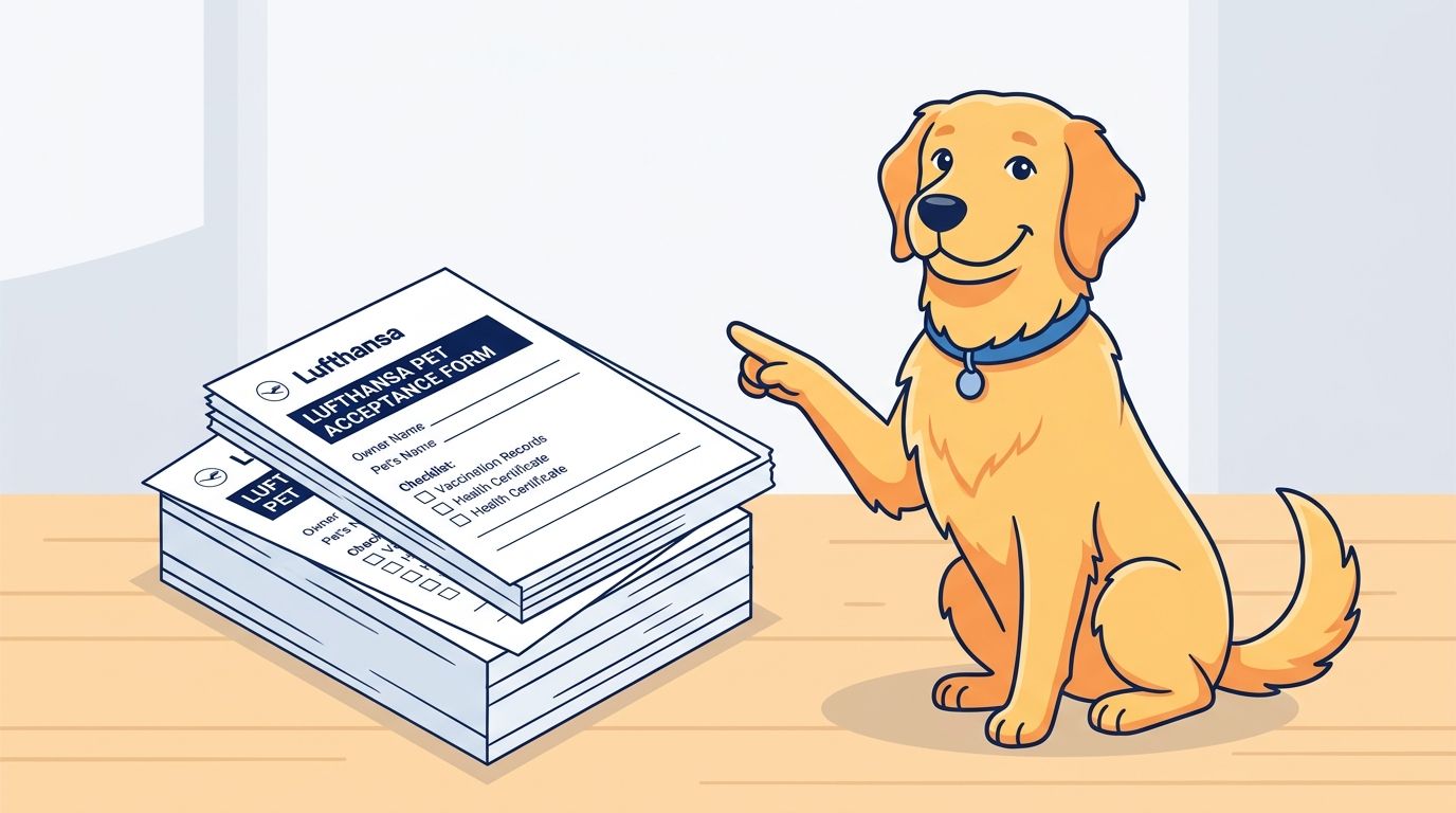 A friendly golden retriever dog pointing at a stack of Lufthansa pet travel acceptance forms on a table.