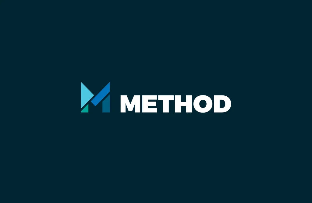Method Consultants visual identity – bold turquoise and blue Tangram-inspired logo on dark background, designed by Teatime Studio for fintech innovation.