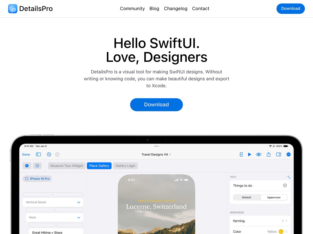 The image depicts the DetailsPro homepage, showcasing a headline about making SwiftUI designs with a no-code tool, featuring a tablet screen displaying a design interface for building apps.