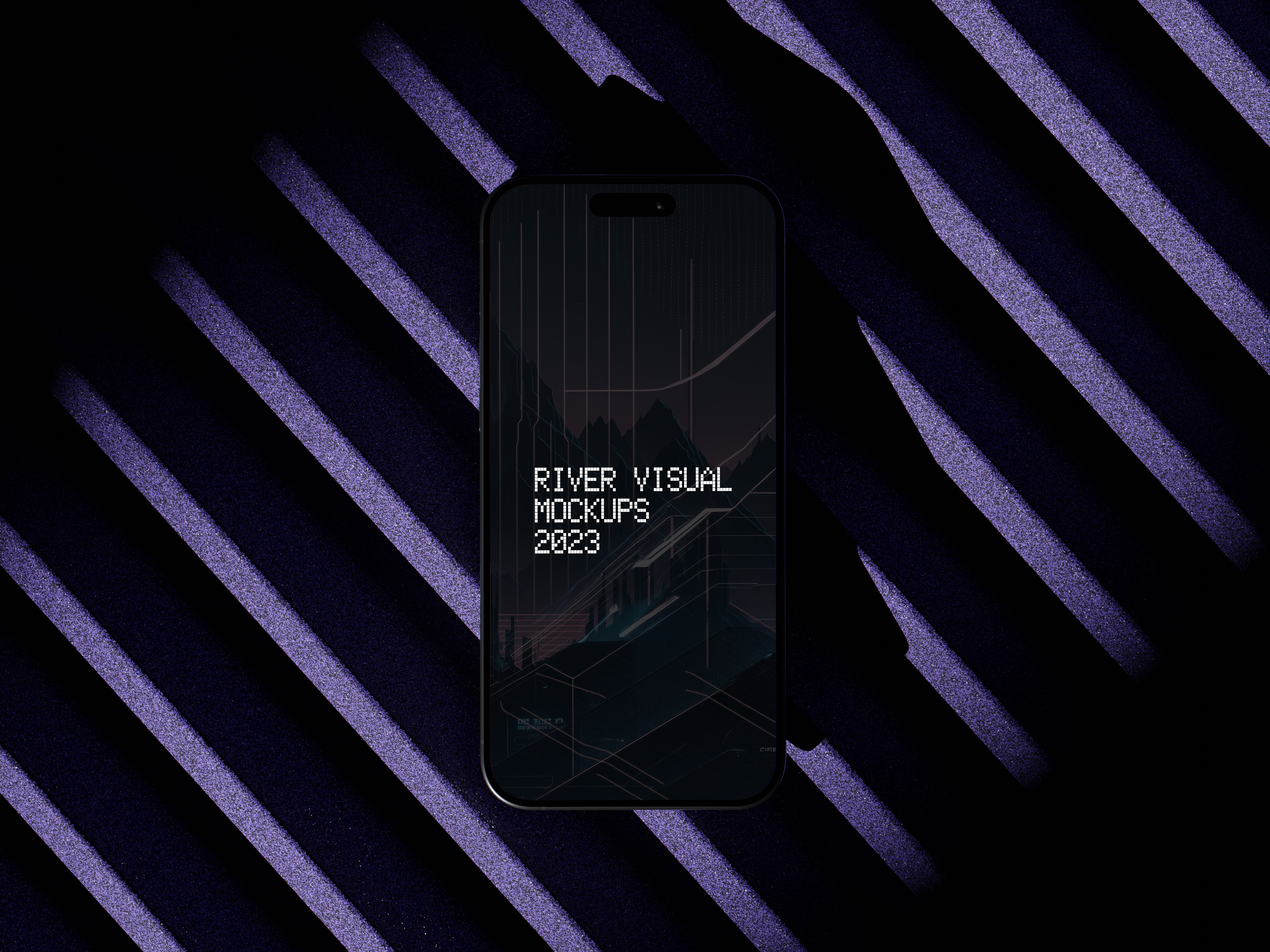 A black iPhone 15 Pro displaying a futuristic mockup interface with digital text and abstract graphics. The device is set against a dramatic backdrop of diagonal purple and black light patterns, creating a sleek, modern aesthetic.