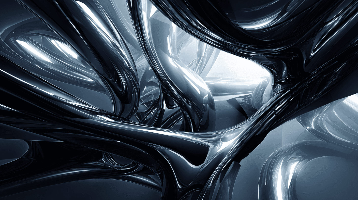 A metallic, abstract 3D render with twisting, reflective shapes that can be used for a call-to-action button or background