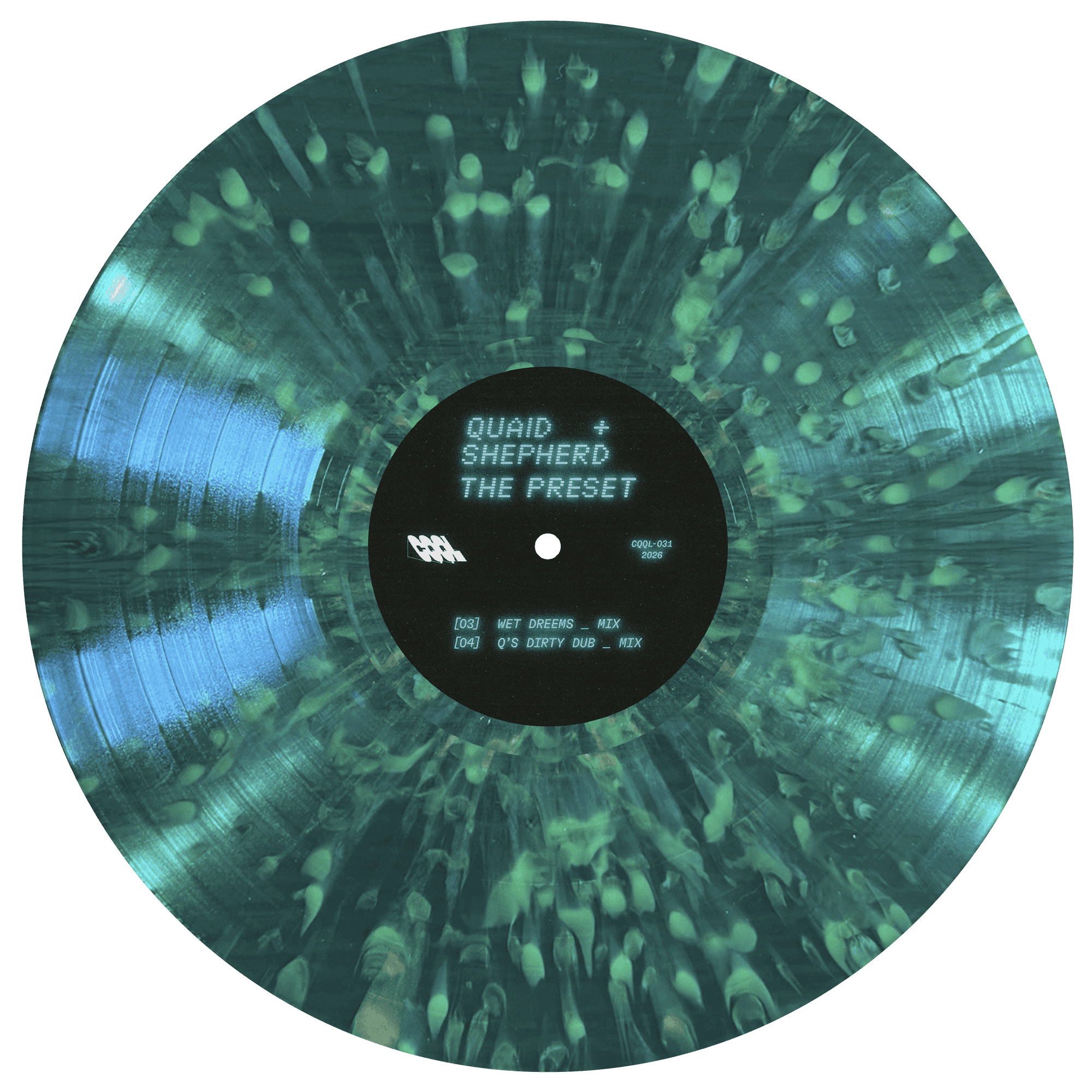 Vinyl record with a green and blue gradient and visible text on a white background