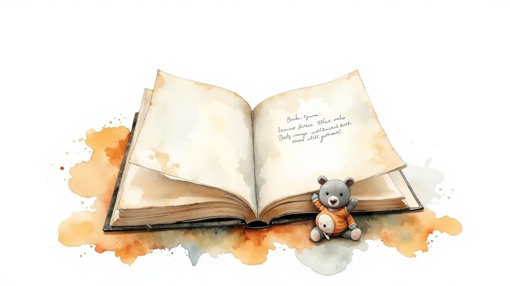 A watercolor illustration of an open book with blank pages and a cute teddy bear sitting next to it.