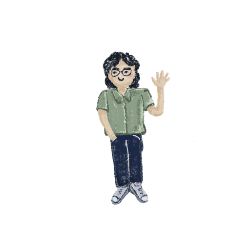 A drawing of a person who is waving with black hair and glasses wearing a green shirt and blue pants