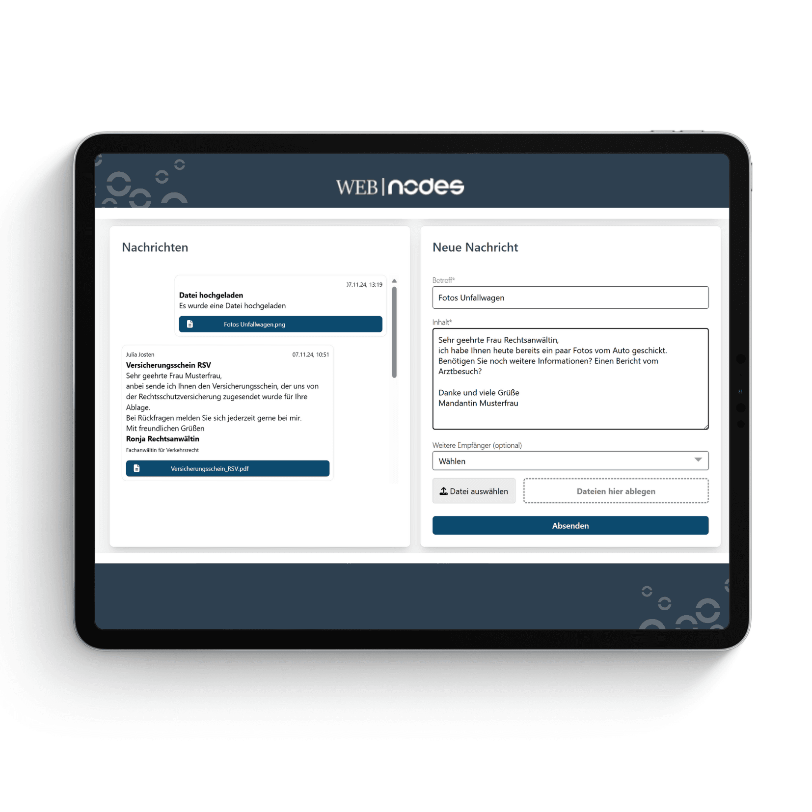 geöggnete Nachrichtenvorschau in web|nodes auf Tablet