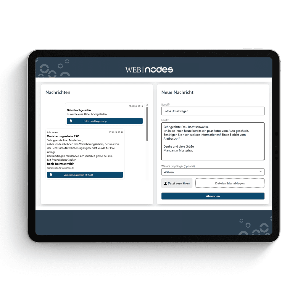 geöggnete Nachrichtenvorschau in web|nodes auf Tablet