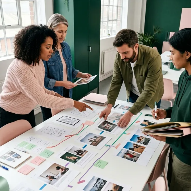  Gemini a dit Équipe de consultants en atelier collaboratif analysant des parcours et des visuels sur une grande table de travail, illustrant notre expertise en Promotion des métiers et influence pour créer un levier durable et renforcer l’attractivité des métiers.