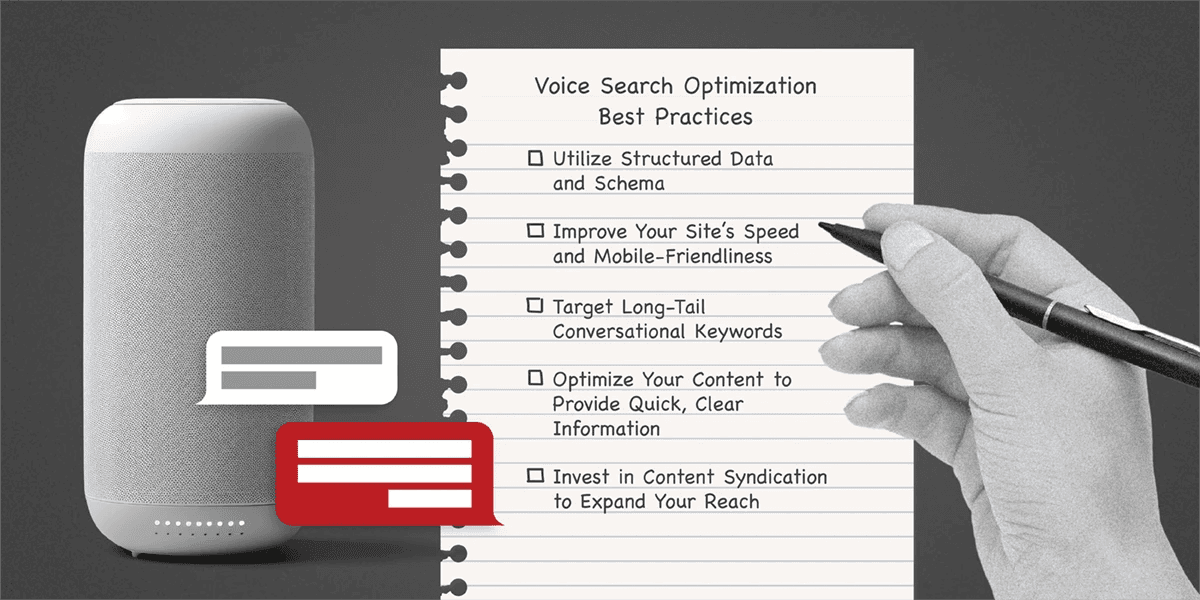 A voice search device near a sheet of paper listing voice search optimization best practices.