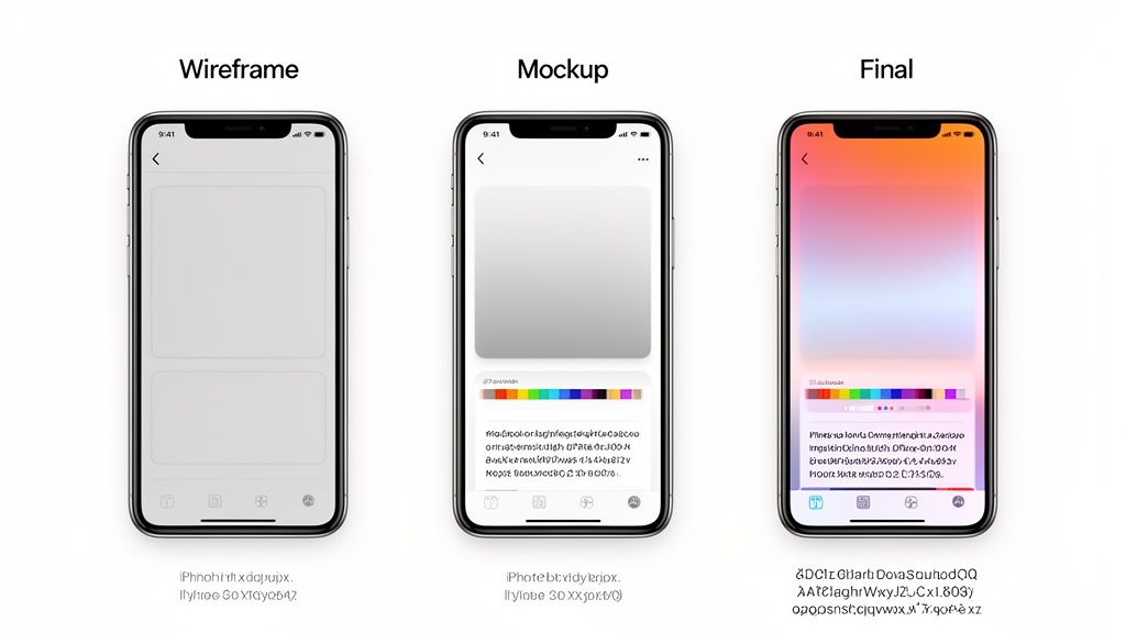 Three iPhone screens display the evolution of app design from wireframe to mockup to the final user interface.