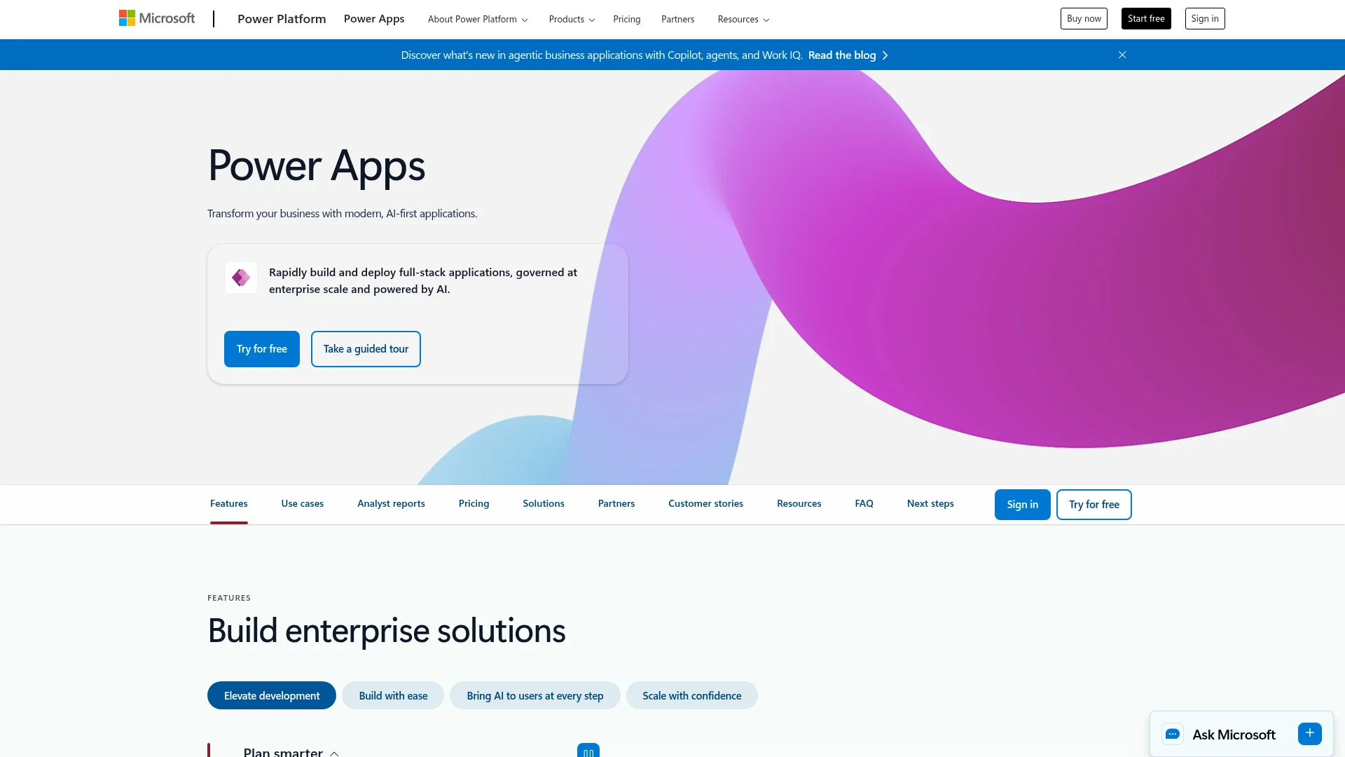 Microsoft Power Apps low-code platform homepage with Copilot AI assistant