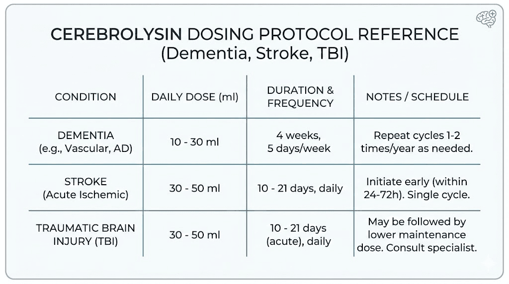 Cerebrolysin dosage protocol chart for different neurological conditions