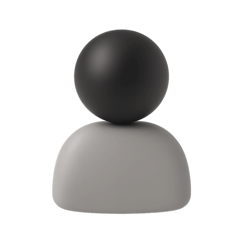 3D avatar icon with a black sphere for the head and a grey body.