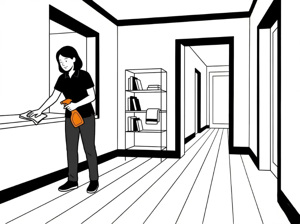 Illustration d'une agente Widy's nettoyant un rebord avec un spray dans un intérieur minimaliste.