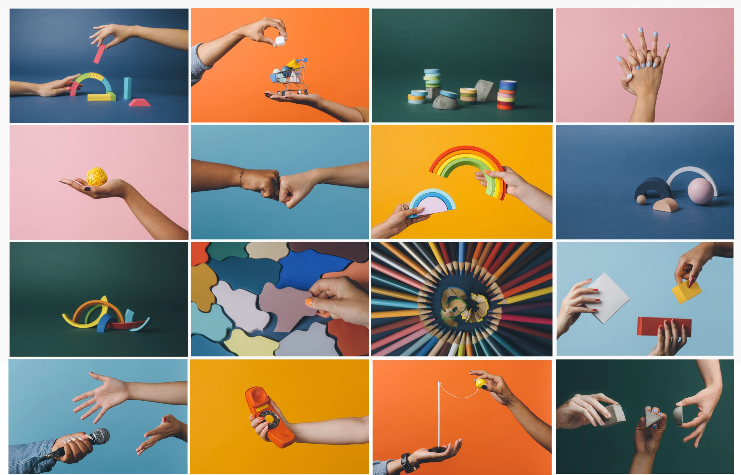 Complete original Zendesk brand photoshoot: sixteen compositions with hands, everyday objects and sculptural forms