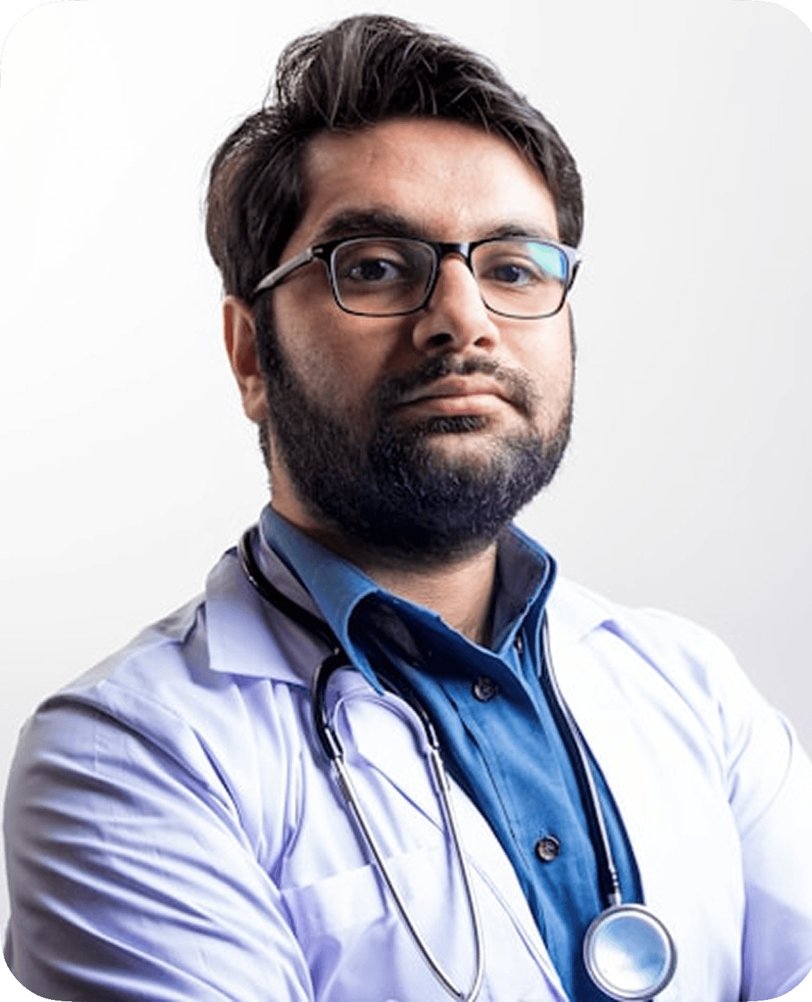 A confident medical professional with a beard and glasses wearing a white coat and stethoscope, exuding expertise and trust in a healthcare setting.