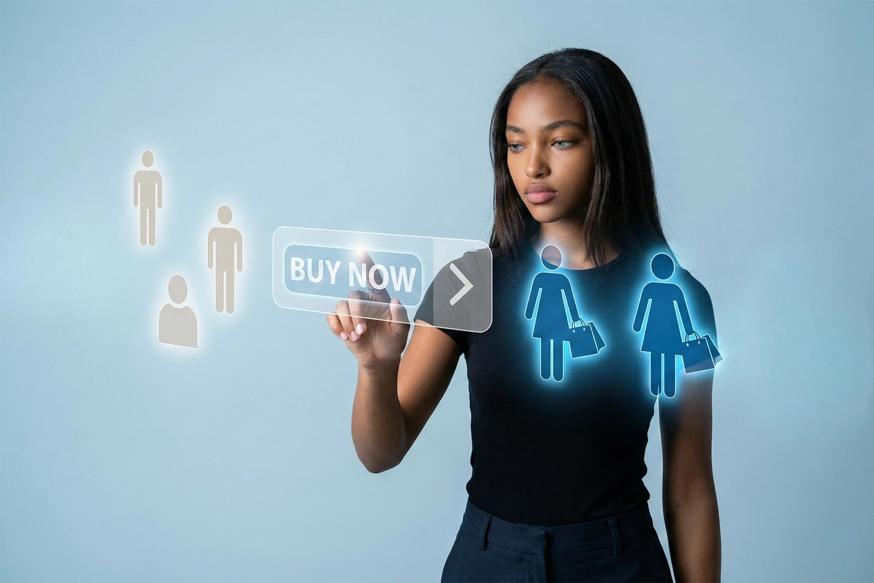 Symbolbild für Onlineshop-Erstellung: Eine Frau klickt auf „Buy Now“ und steht für Conversion-Optimierung, Kundengewinnung und skalierbare E-Commerce-Systeme.