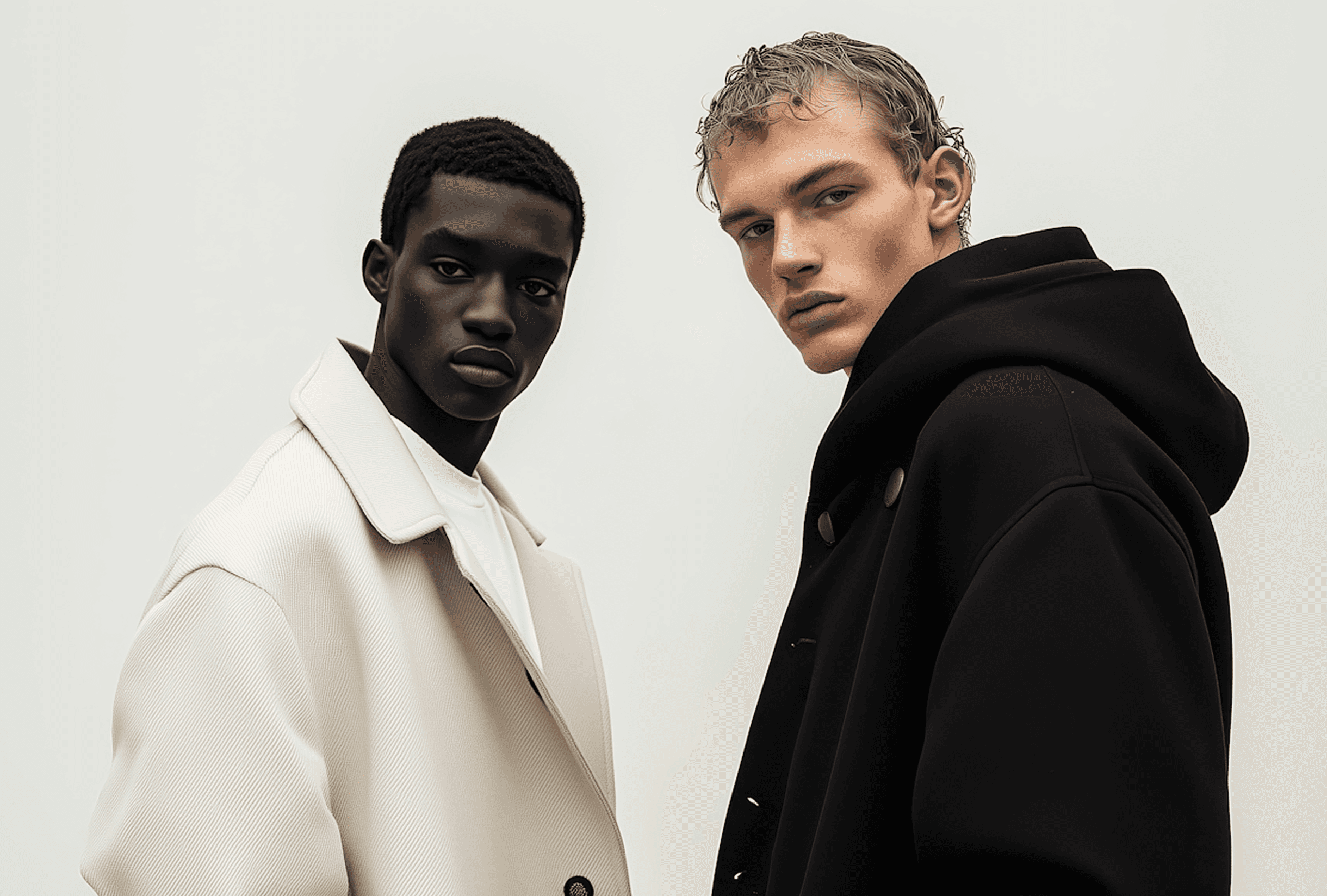 Two male models in black and beige coats.