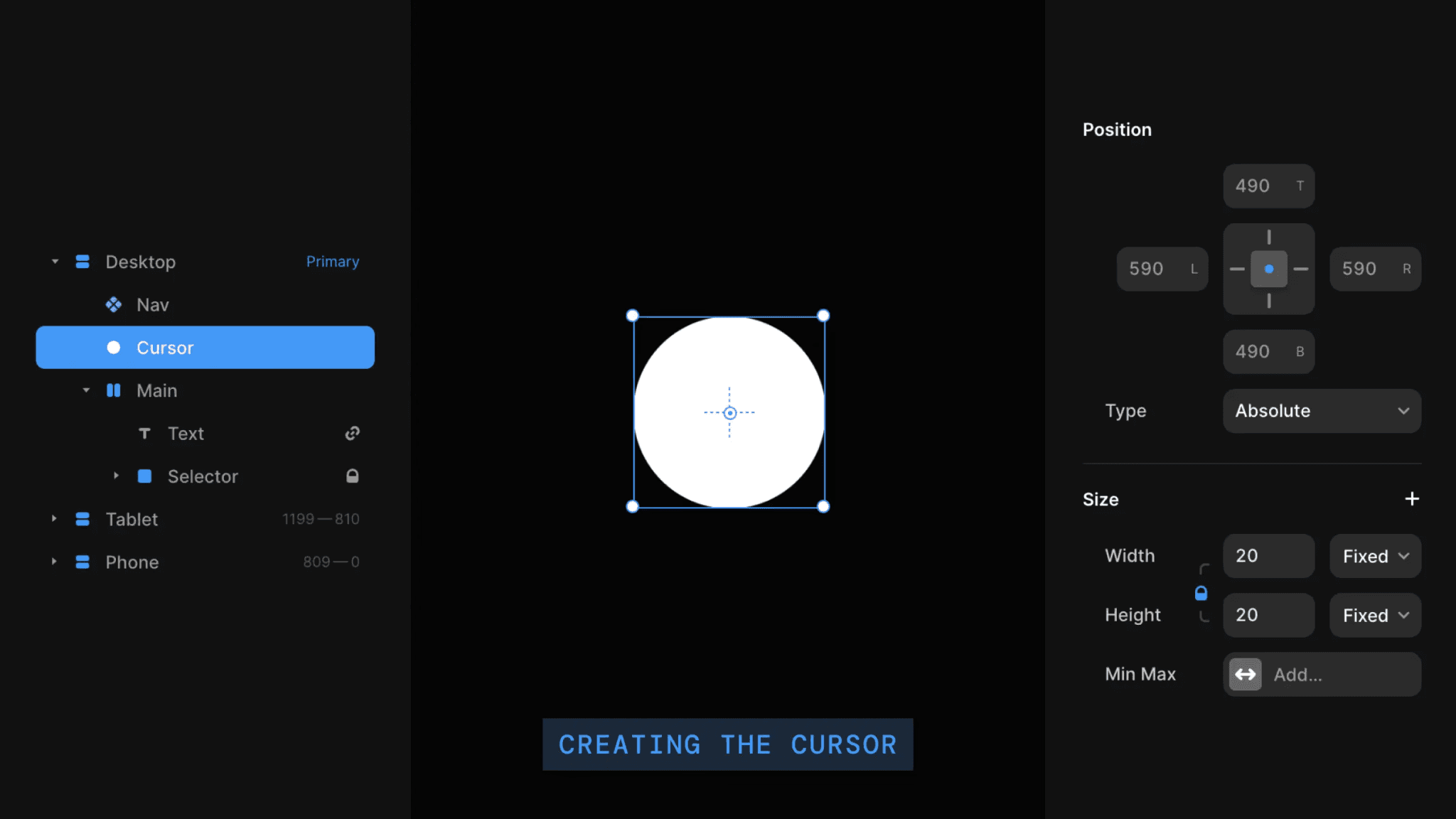 Framer design interface showing cursor creation: white circular shape with position and size settings, and project structure sidebar