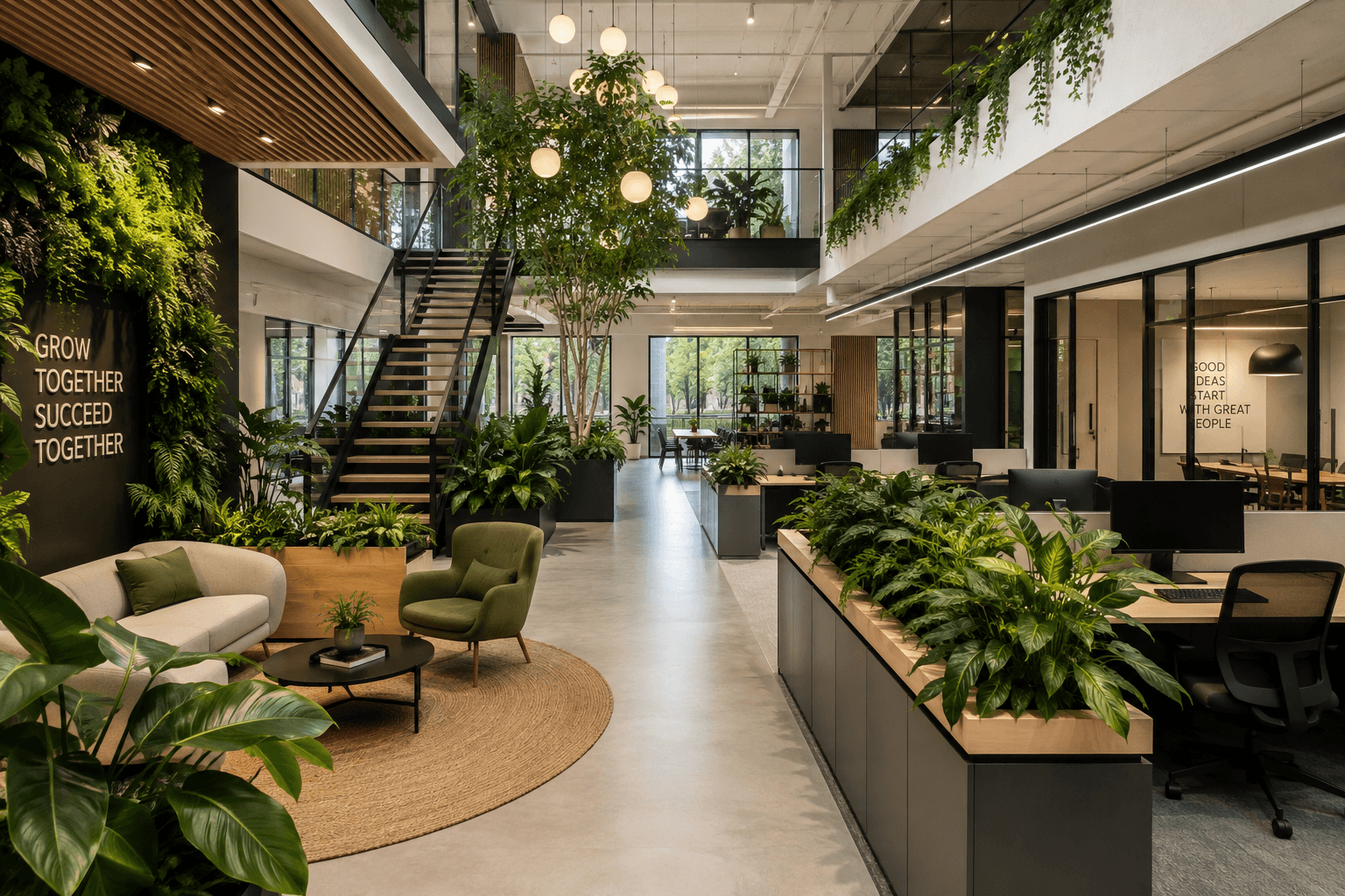 A serene outdoor seating area with two chairs, surrounded by lush greenery and a glassed-in structure.