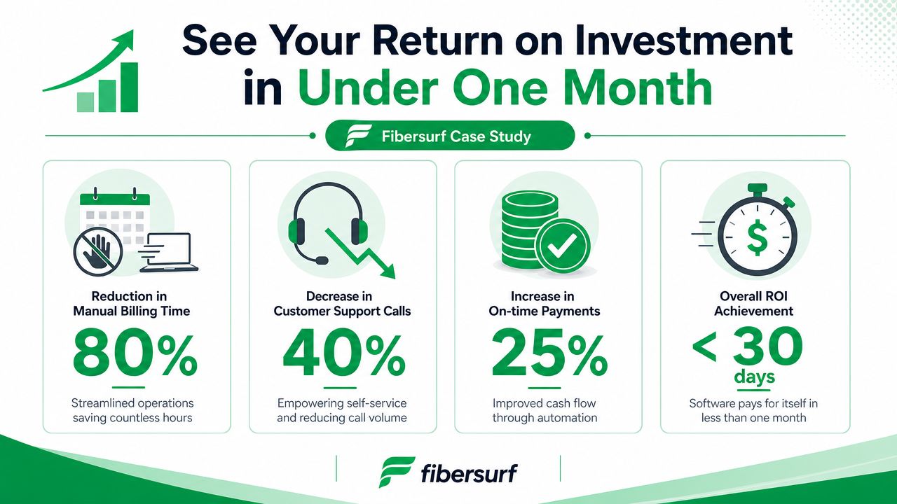 An infographic showing positive business results including reduced billing time and increased payments from Fibersurf software.