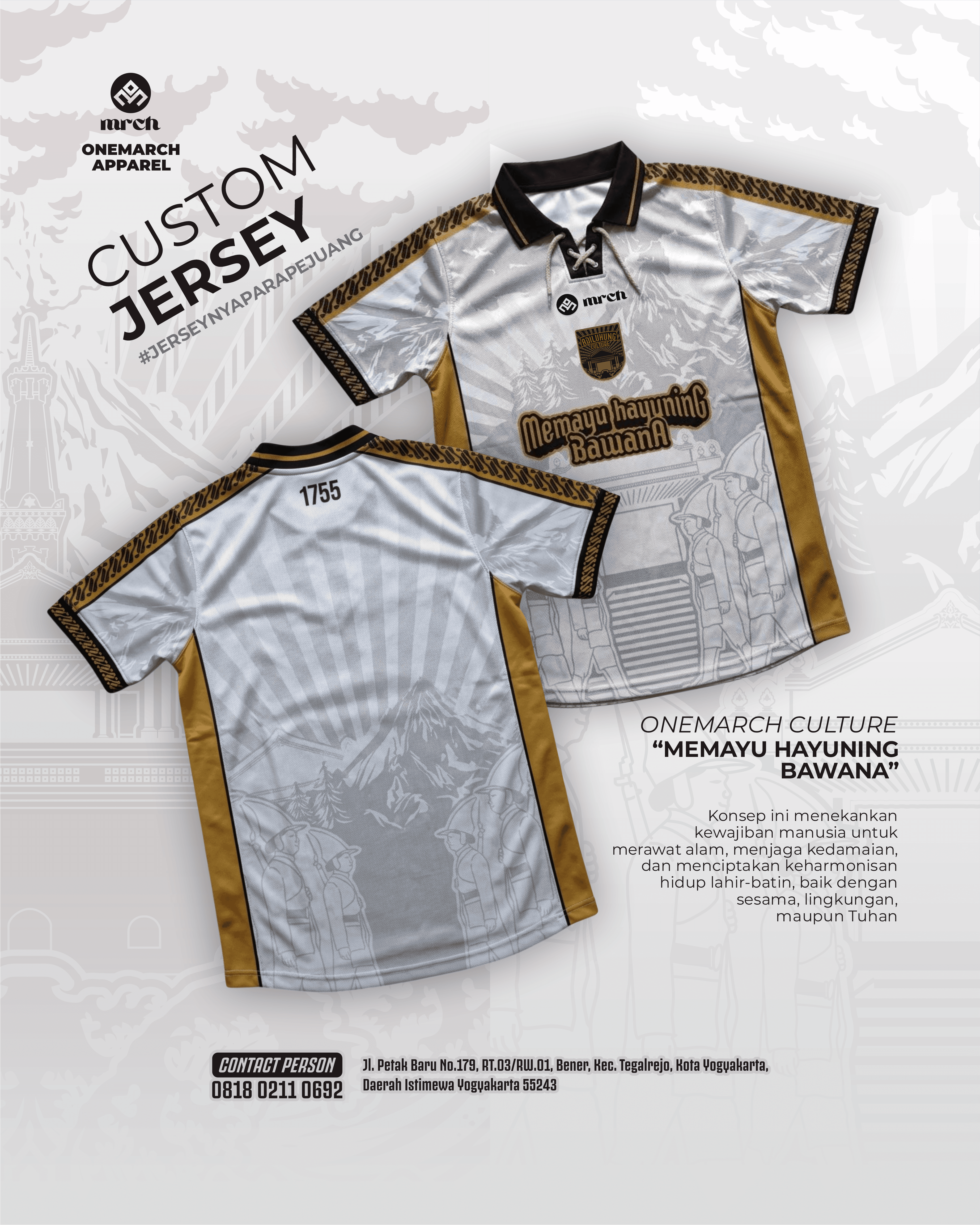 Jersey printing Jogja Onemarch Apparel seri 'memayu hayuning bawono'. Vendor jersey custom di Yogyakarta yang memadukan kualitas sportwear modern dengan kearifan lokal budaya Jawa.