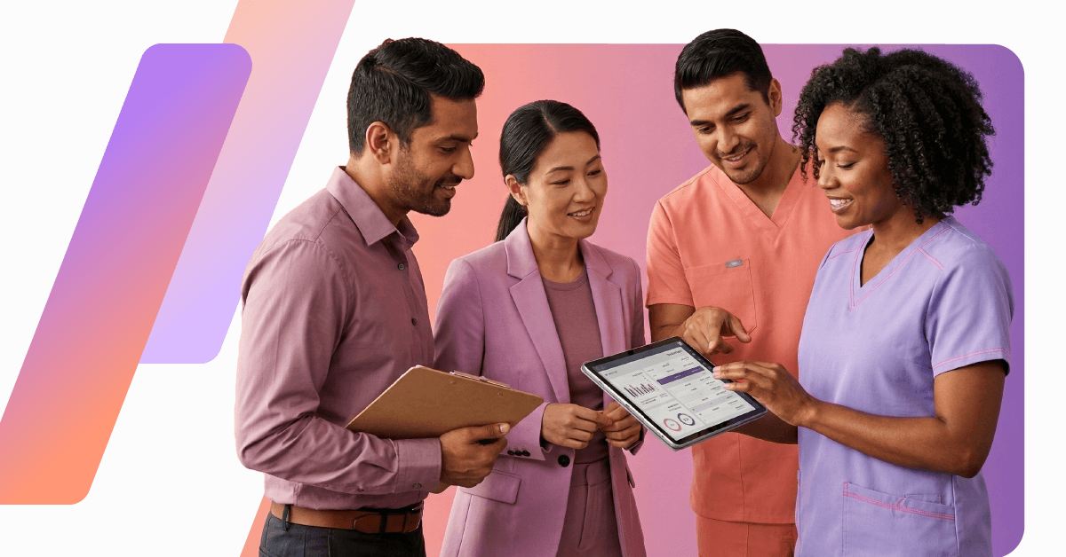 Diverse group of healthcare professionals smiling together, representing Synapti Health’s tailored value based care training solutions for every healthcare organization.