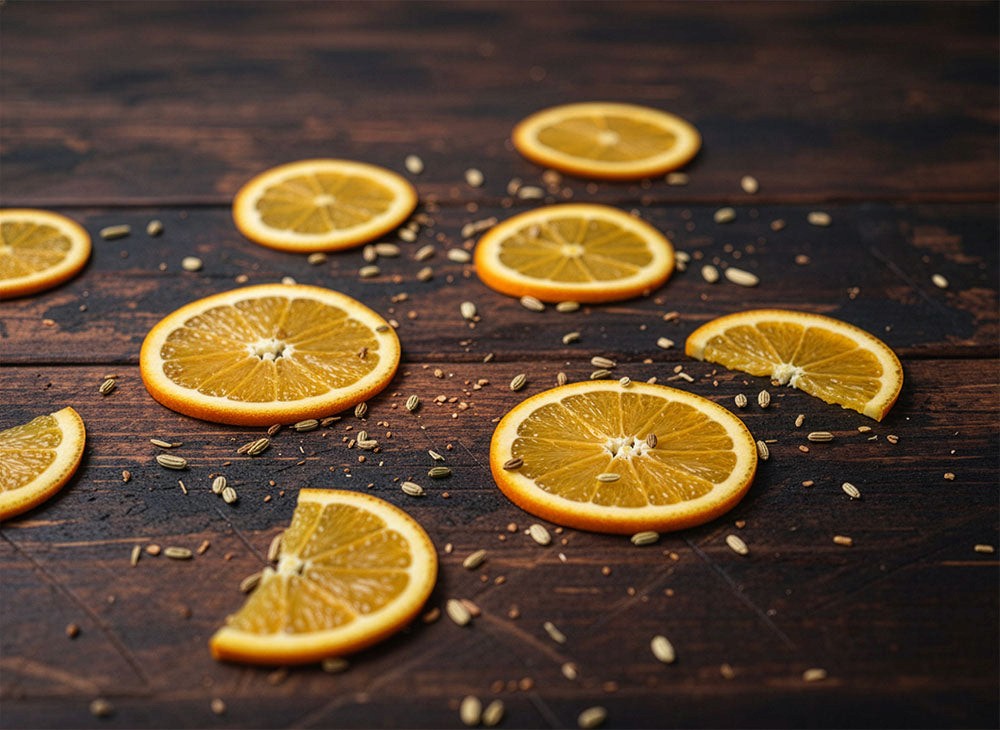 Sliced oranges on a wooden surface with toasted fennel seeds.