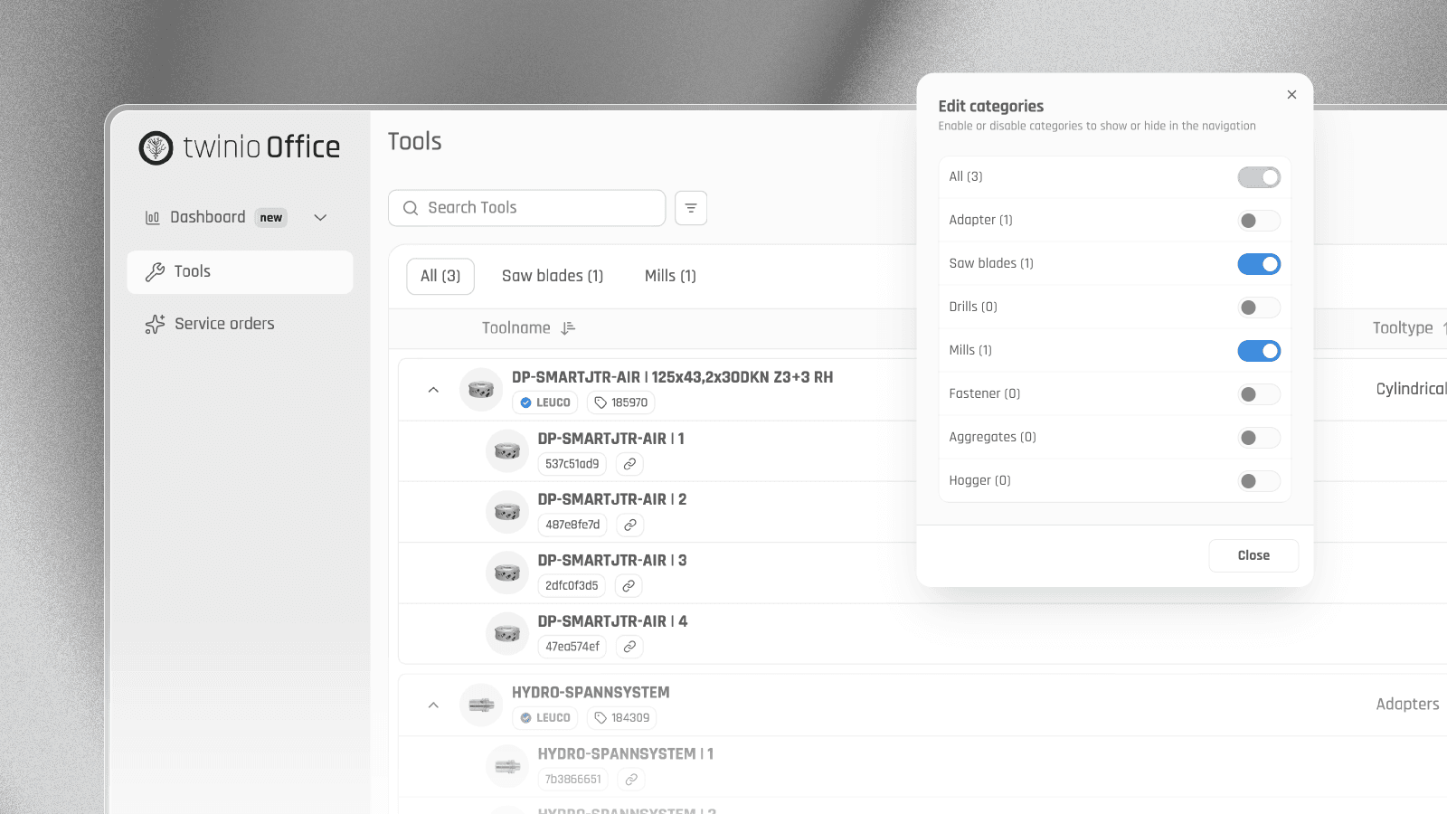 twinio Office Werkzeugübersicht mit Kategorien-Tabs und geöffnetem Menü zur Auswahl sichtbarer Werkzeugtypen.