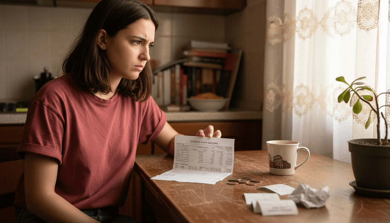 Uno studente seduto al tavolo di casa controlla attentamente l’estratto conto bancario.