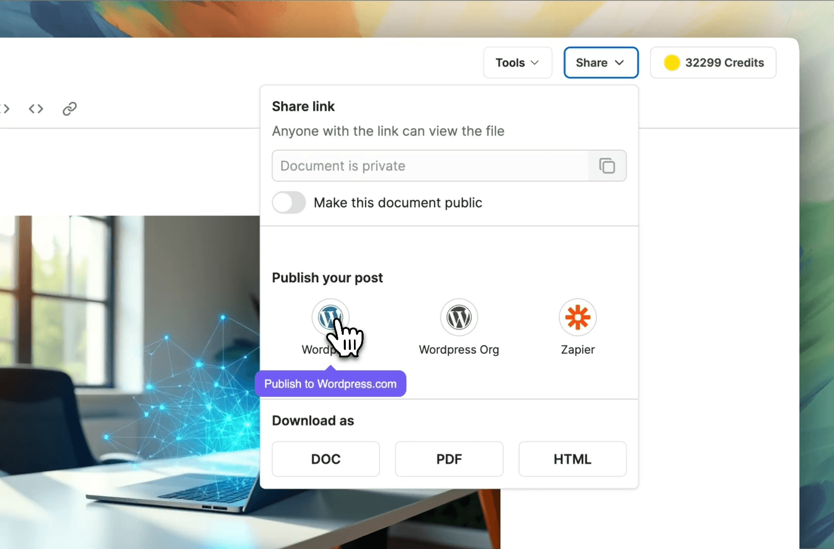 WordPress post creëren in Writesonic