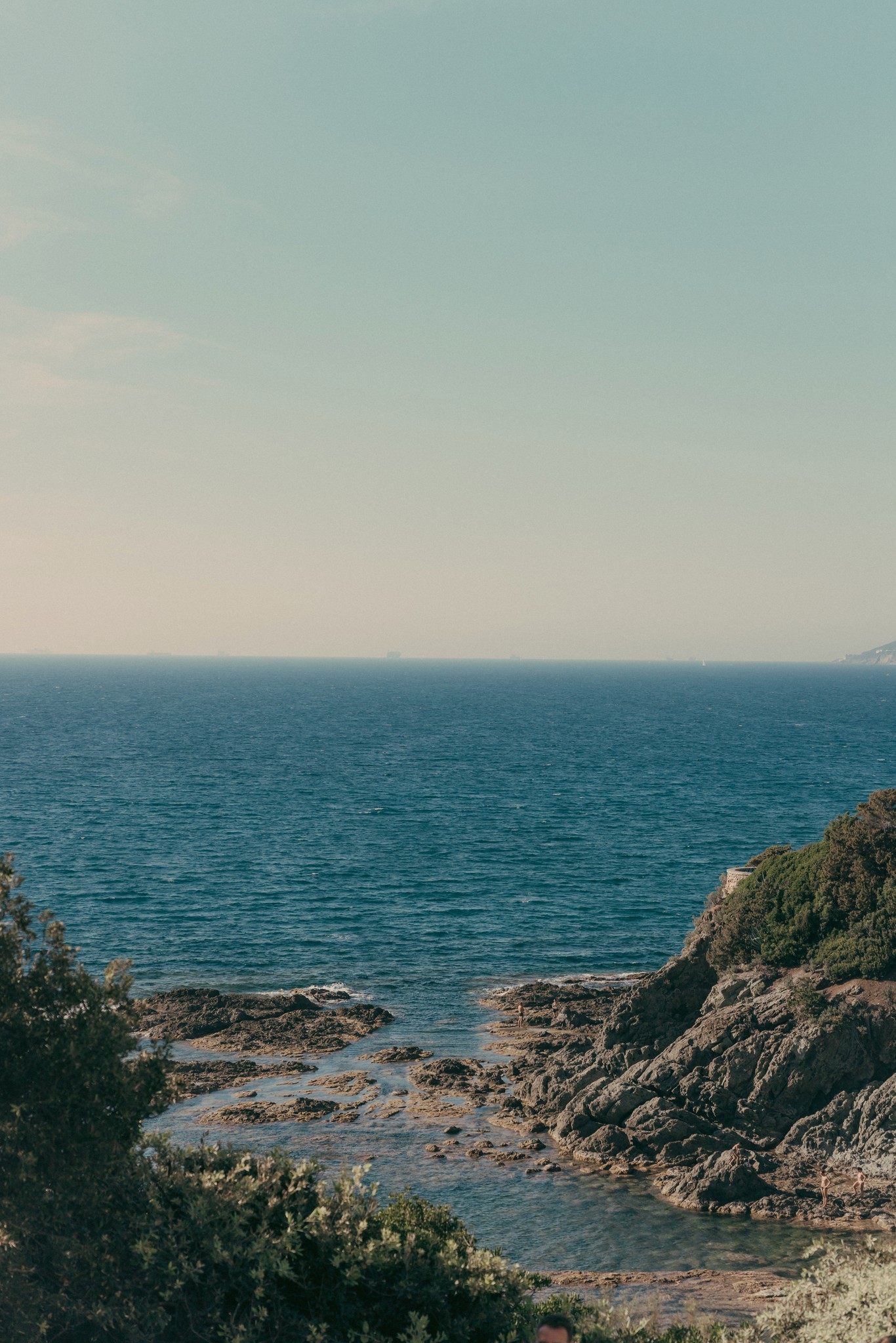 Scogliera di Bolgheri con vista sul mare turchese, vegetazione selvaggia e rocce frastagliate al tramonto