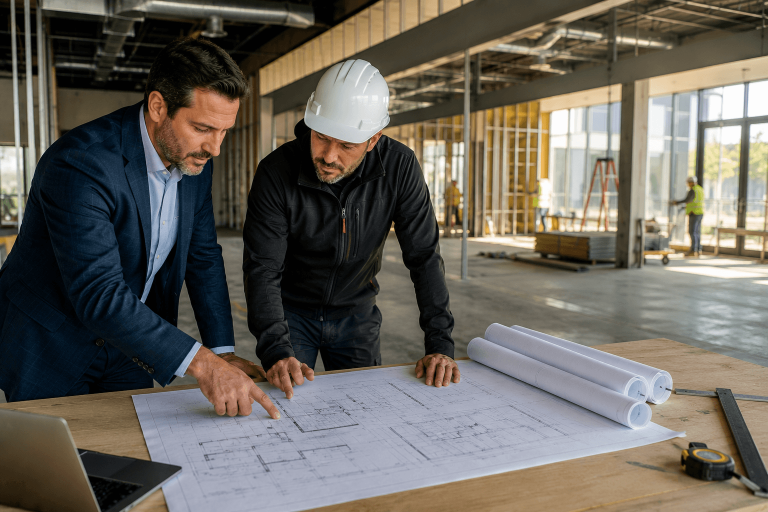 Business owner meeting with a commercial contractor to discuss plans for a commercial construction project in Ontario.