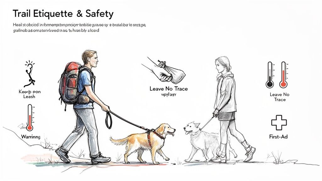 Illustration of hikers with dogs demonstrating trail etiquette and safety rules like leashing pets and leaving no trace.