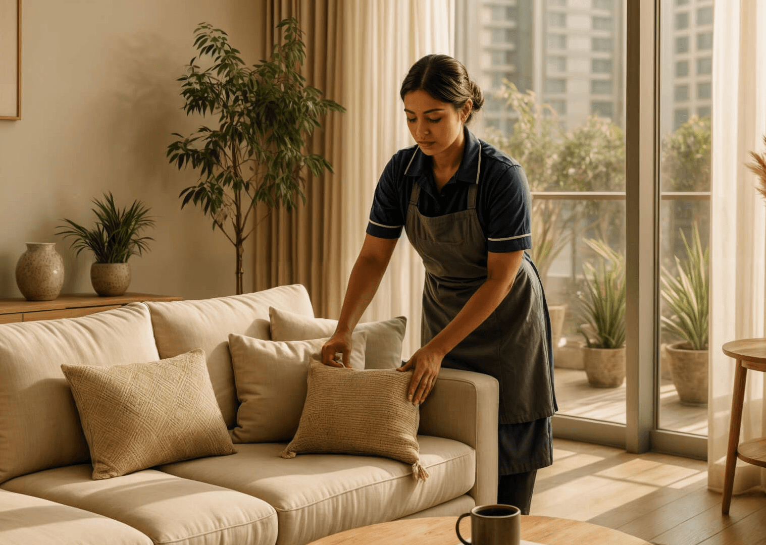 Housekeeper cleaning sofa