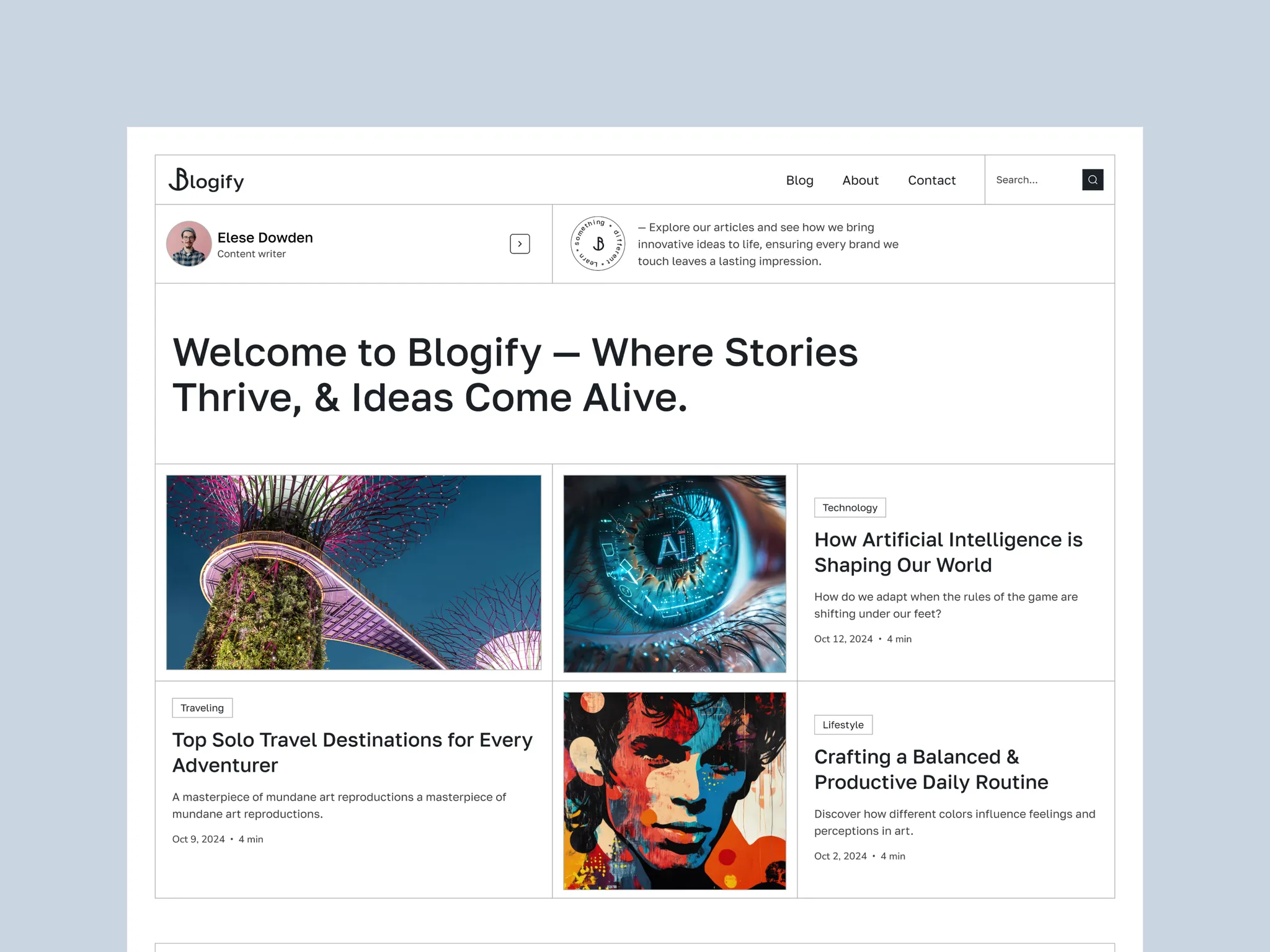 Blogify modern blog template with article grid covering technology, travel, and lifestyle categories.