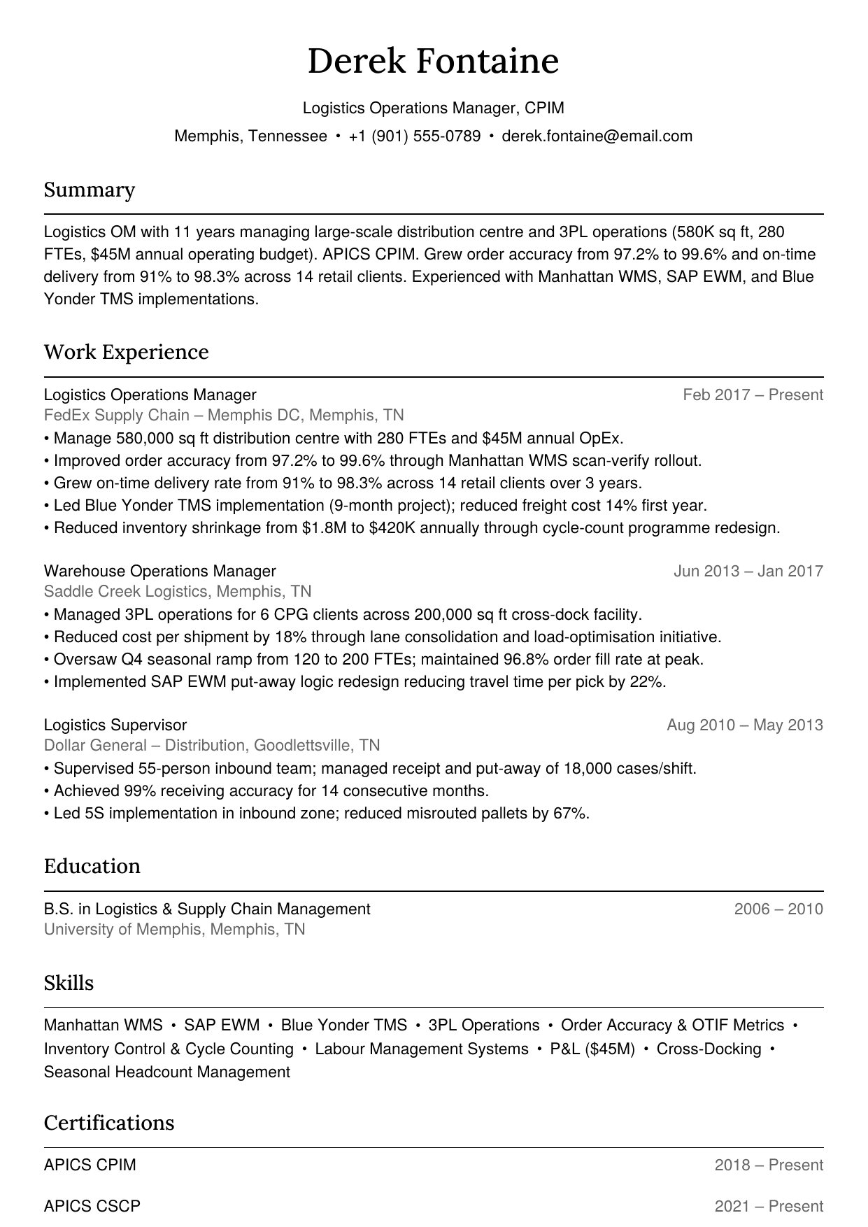 Logistics operations manager resume example