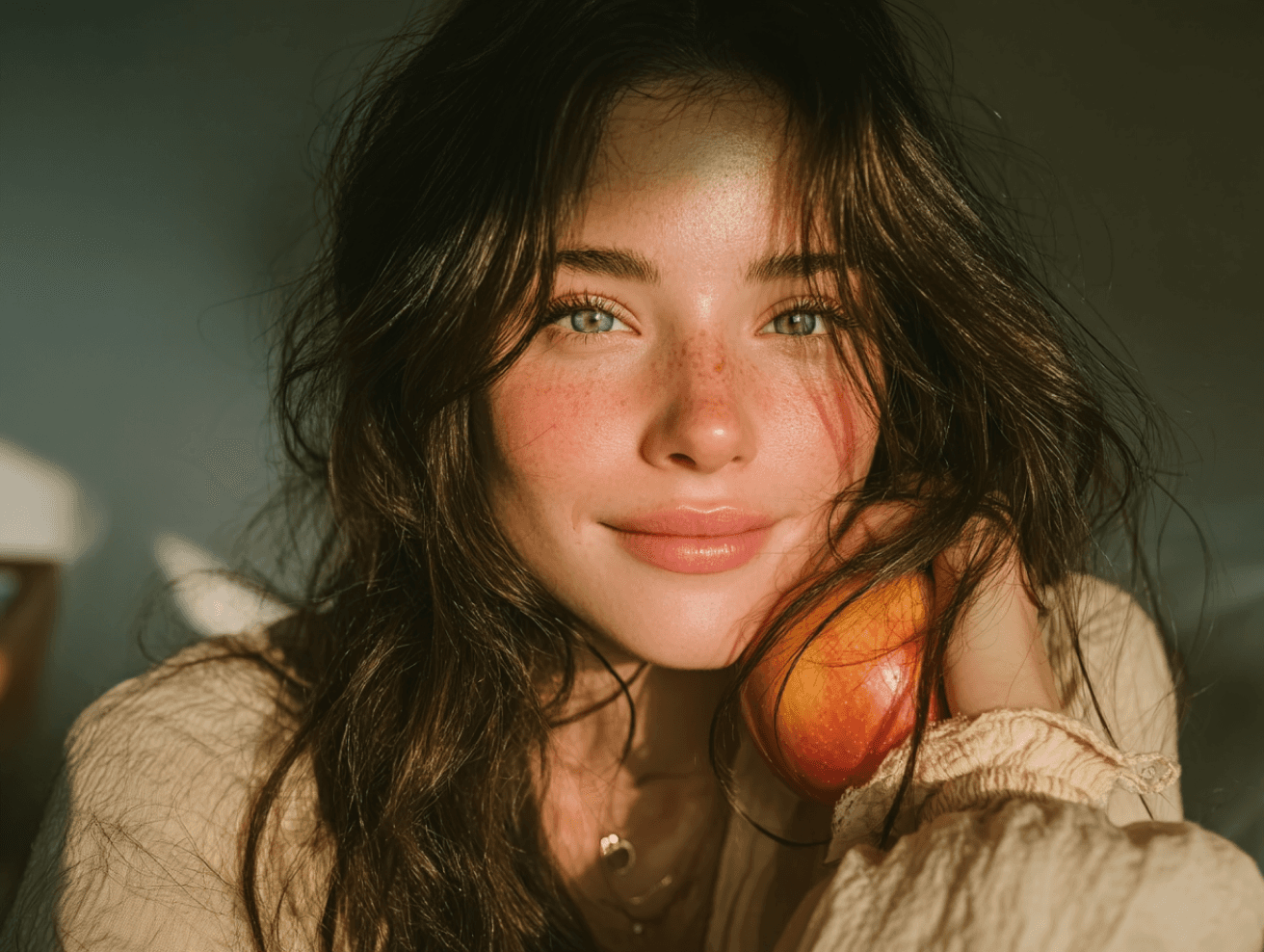 Close-up portrait of a smiling young woman with long brown hair and freckles, holding a peach.