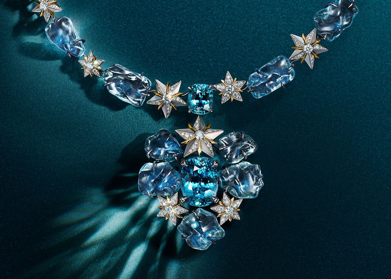 ice and stars necklace with aquamarine and zircon