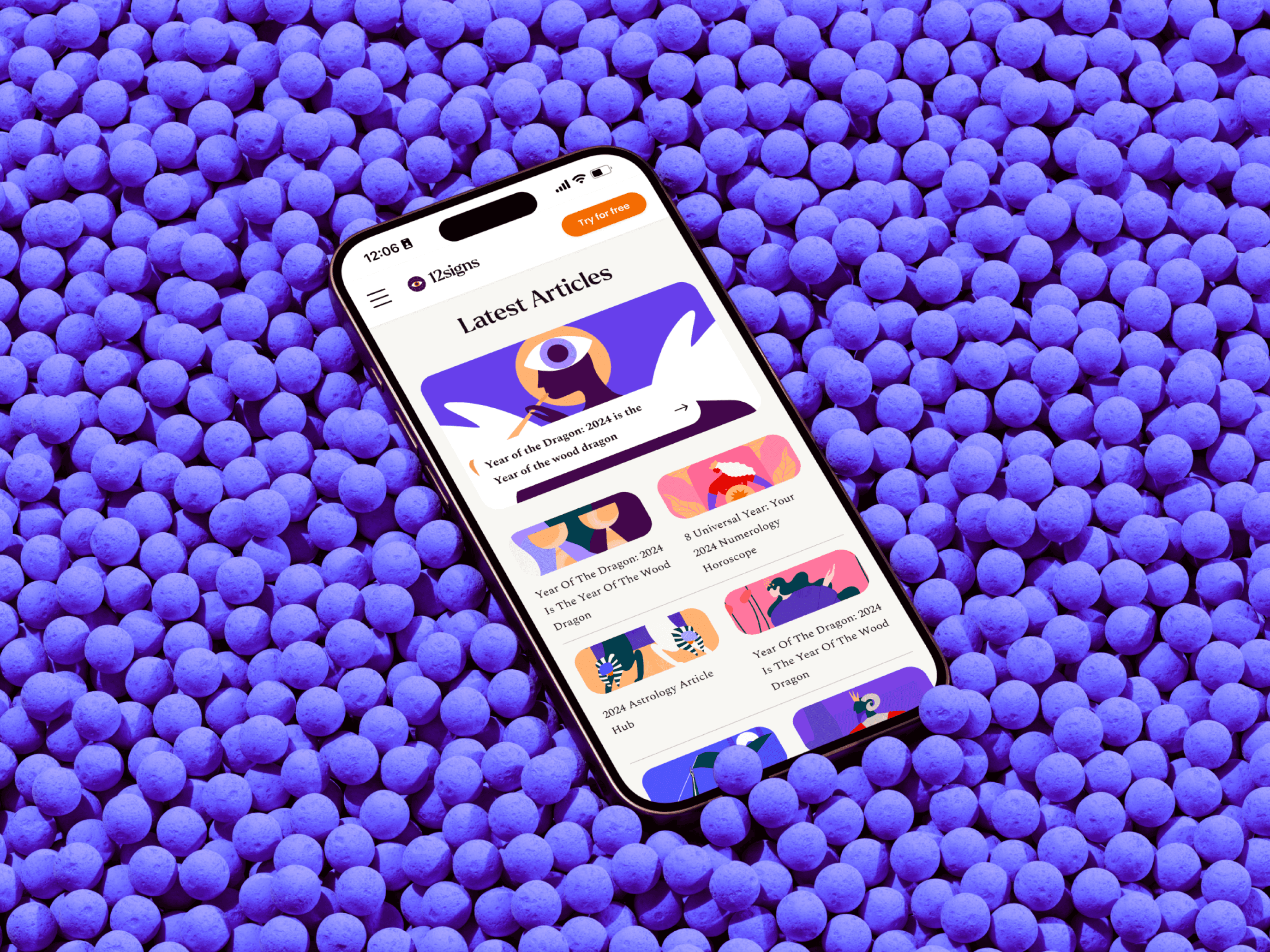 Mobile mockup of the 12signs ‘Latest Articles’ page, featuring colorful illustrated thumbnails and article titles, designed by Lunatique Design