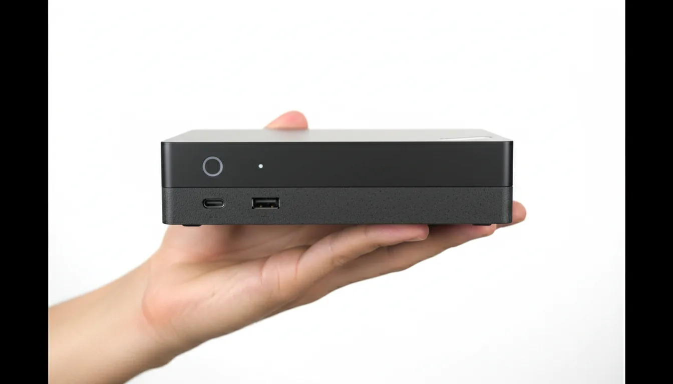 DSLR product photography of a hand holding a slim, black Lenovo ThinkCentre Mini PC against a solid white studio background. The shot has soft studio lighting, creating a clean, professional aesthetic. The compact computer is held horizontally, featuring a two-part design: the top is smooth, matte dark gray metal, while the bottom half has a unique speckled dark gray texture. The front panel is in sharp focus, showing a round power button, a USB-C port, a USB-A port, and a headphone jack. A person's hand with a light skin tone gently holds the device, emphasizing its small form factor.